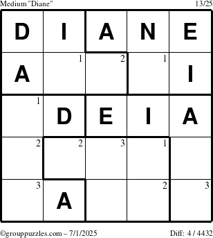 The grouppuzzles.com Medium Diane puzzle for Tuesday July 1, 2025 with the first 3 steps marked