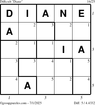 The grouppuzzles.com Difficult Diane puzzle for Tuesday July 1, 2025 with all 5 steps marked