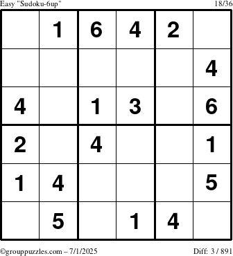 The grouppuzzles.com Easy Sudoku-6up puzzle for Tuesday July 1, 2025