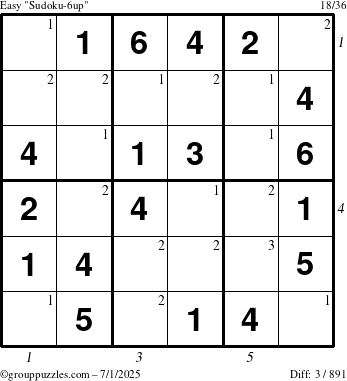 The grouppuzzles.com Easy Sudoku-6up puzzle for Tuesday July 1, 2025 with all 3 steps marked