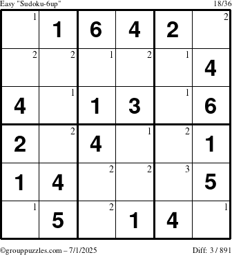 The grouppuzzles.com Easy Sudoku-6up puzzle for Tuesday July 1, 2025 with the first 3 steps marked