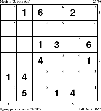 The grouppuzzles.com Medium Sudoku-6up puzzle for Tuesday July 1, 2025 with all 6 steps marked