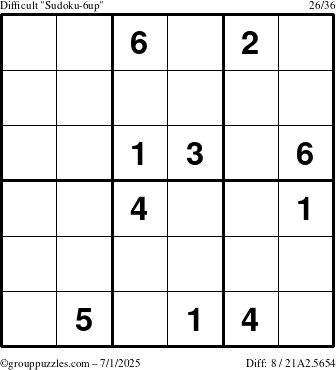 The grouppuzzles.com Difficult Sudoku-6up puzzle for Tuesday July 1, 2025