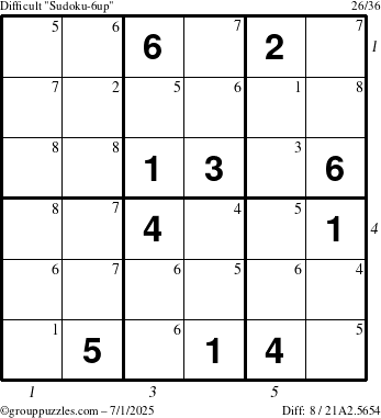 The grouppuzzles.com Difficult Sudoku-6up puzzle for Tuesday July 1, 2025 with all 8 steps marked