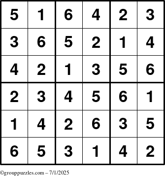 The grouppuzzles.com Answer grid for the Sudoku-6up puzzle for Tuesday July 1, 2025