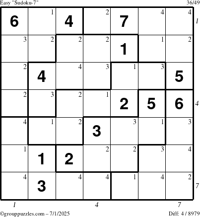 The grouppuzzles.com Easy Sudoku-7 puzzle for Tuesday July 1, 2025 with all 4 steps marked