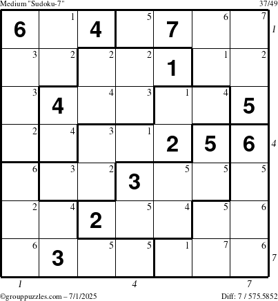 The grouppuzzles.com Medium Sudoku-7 puzzle for Tuesday July 1, 2025, suitable for printing, with all 7 steps marked