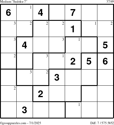 The grouppuzzles.com Medium Sudoku-7 puzzle for Tuesday July 1, 2025 with the first 3 steps marked