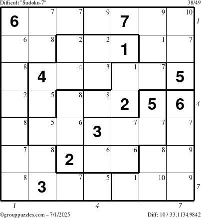 The grouppuzzles.com Difficult Sudoku-7 puzzle for Tuesday July 1, 2025, suitable for printing, with all 10 steps marked