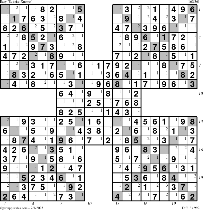 The grouppuzzles.com Easy Sudoku-Xtreme puzzle for Tuesday July 1, 2025 with all 3 steps marked