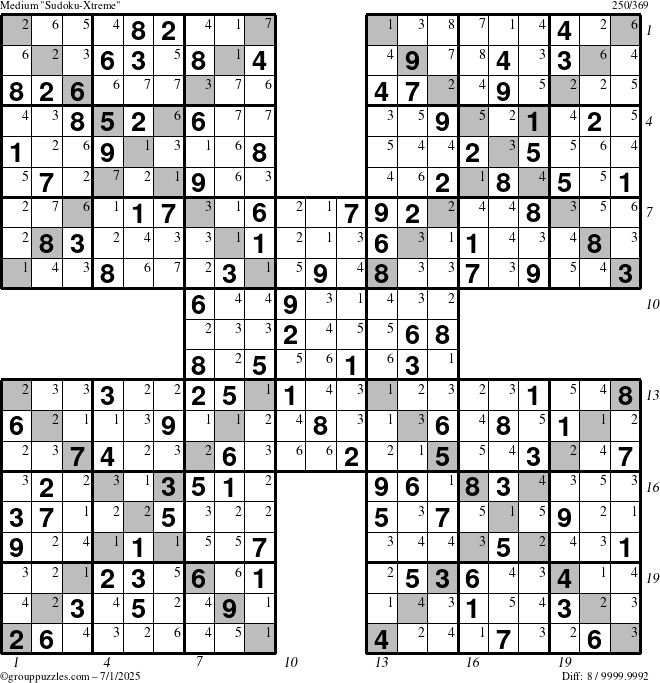 The grouppuzzles.com Medium Sudoku-Xtreme puzzle for Tuesday July 1, 2025 with all 8 steps marked