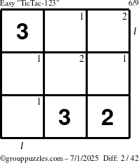 The grouppuzzles.com Easy TicTac-123 puzzle for Tuesday July 1, 2025 with all 2 steps marked