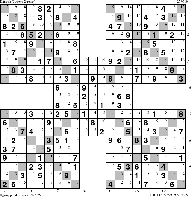 The grouppuzzles.com Difficult Sudoku-Xtreme puzzle for Tuesday July 1, 2025, suitable for printing, with all 14 steps marked