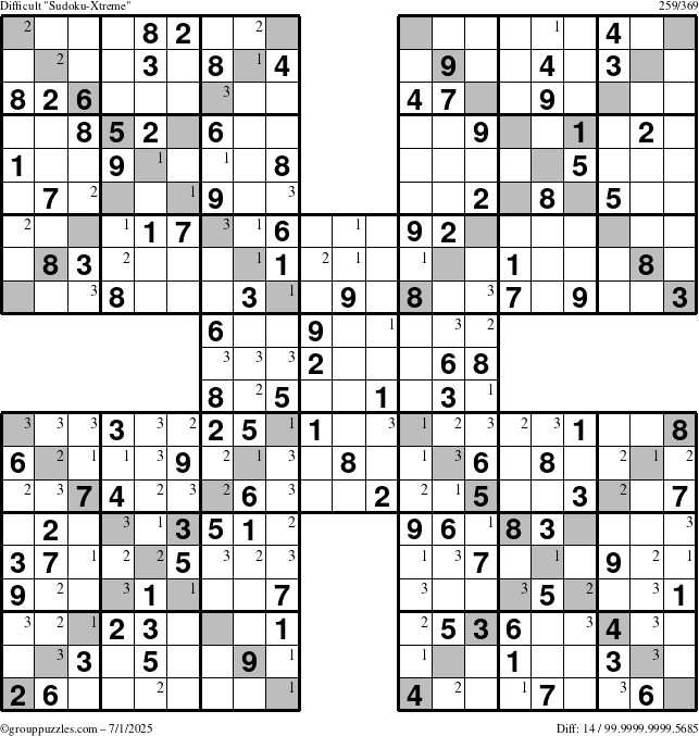 The grouppuzzles.com Difficult Sudoku-Xtreme puzzle for Tuesday July 1, 2025 with the first 3 steps marked