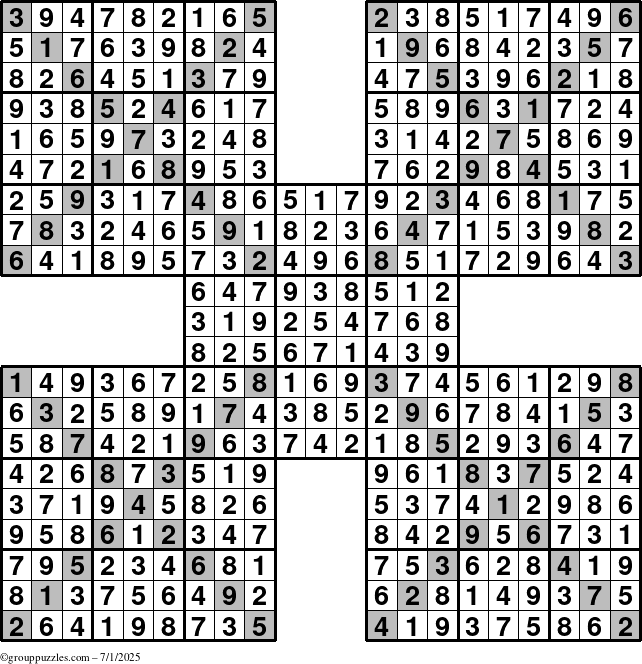 The grouppuzzles.com Answer grid for the Sudoku-Xtreme puzzle for Tuesday July 1, 2025