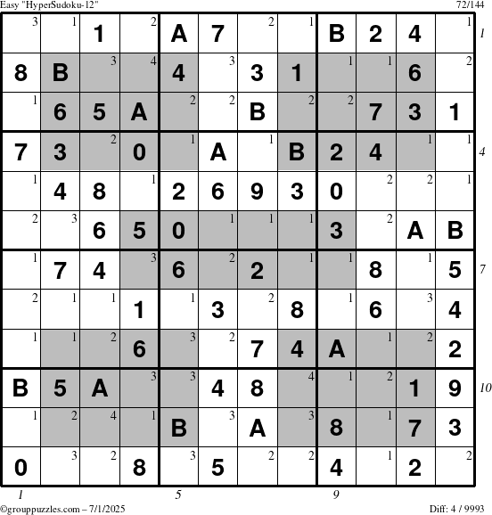 The grouppuzzles.com Easy HyperSudoku-12 puzzle for Tuesday July 1, 2025, suitable for printing, with all 4 steps marked