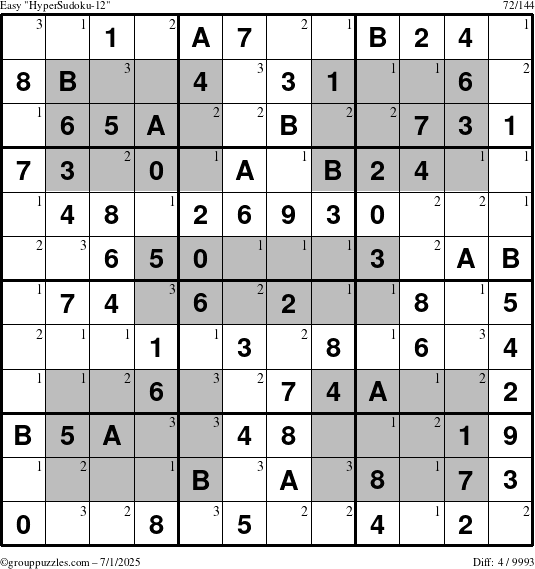 The grouppuzzles.com Easy HyperSudoku-12 puzzle for Tuesday July 1, 2025 with the first 3 steps marked