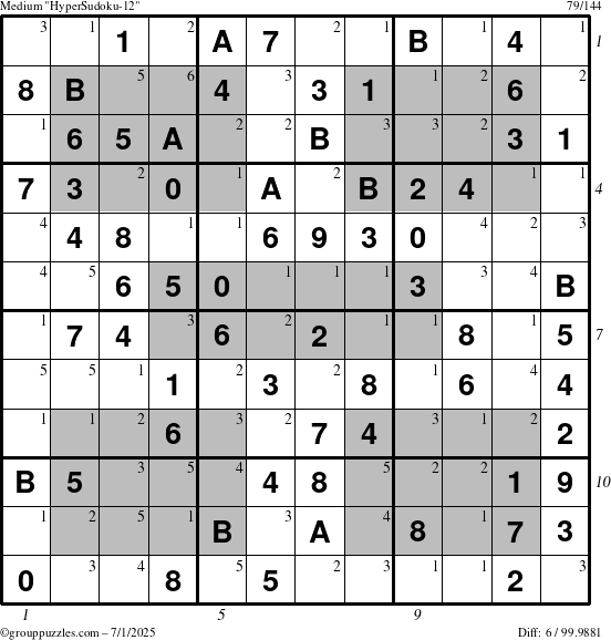 The grouppuzzles.com Medium HyperSudoku-12 puzzle for Tuesday July 1, 2025 with all 6 steps marked
