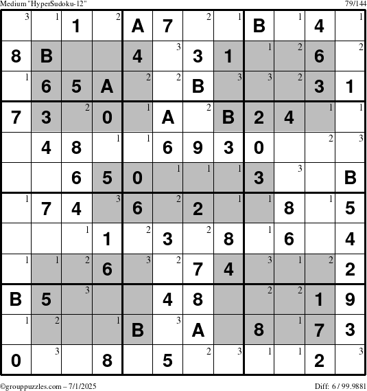 The grouppuzzles.com Medium HyperSudoku-12 puzzle for Tuesday July 1, 2025 with the first 3 steps marked