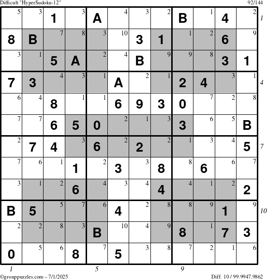 The grouppuzzles.com Difficult HyperSudoku-12 puzzle for Tuesday July 1, 2025 with all 10 steps marked