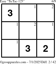 The grouppuzzles.com Easy TicTac-123 puzzle for Tuesday July 1, 2025 with the first 2 steps marked