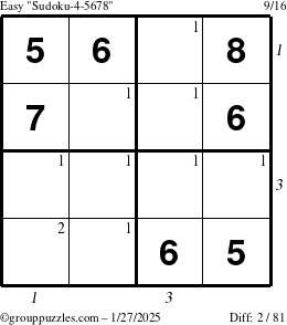 The grouppuzzles.com Easy Sudoku-4-5678 puzzle for Monday January 27, 2025, suitable for printing, with all 2 steps marked