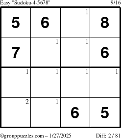 The grouppuzzles.com Easy Sudoku-4-5678 puzzle for Monday January 27, 2025 with the first 2 steps marked