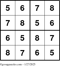 The grouppuzzles.com Answer grid for the Sudoku-4-5678 puzzle for Monday January 27, 2025