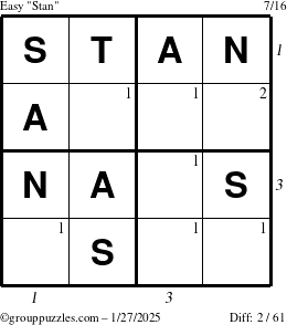 The grouppuzzles.com Easy Stan puzzle for Monday January 27, 2025, suitable for printing, with all 2 steps marked