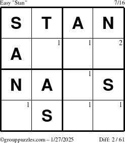 The grouppuzzles.com Easy Stan puzzle for Monday January 27, 2025 with the first 2 steps marked