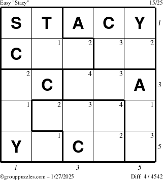 The grouppuzzles.com Easy Stacy puzzle for Monday January 27, 2025 with all 4 steps marked