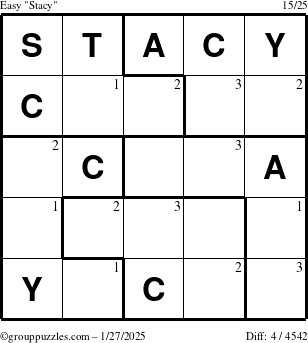 The grouppuzzles.com Easy Stacy puzzle for Monday January 27, 2025 with the first 3 steps marked