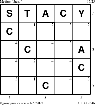 The grouppuzzles.com Medium Stacy puzzle for Monday January 27, 2025 with all 4 steps marked