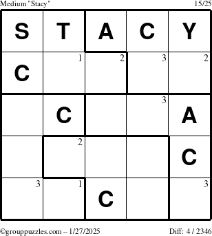 The grouppuzzles.com Medium Stacy puzzle for Monday January 27, 2025 with the first 3 steps marked