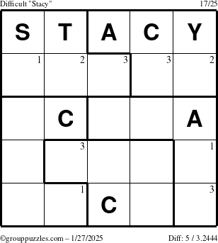 The grouppuzzles.com Difficult Stacy puzzle for Monday January 27, 2025 with the first 3 steps marked