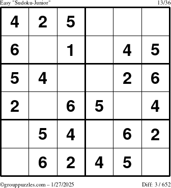 The grouppuzzles.com Easy Sudoku-Junior puzzle for Monday January 27, 2025