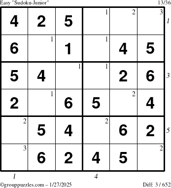 The grouppuzzles.com Easy Sudoku-Junior puzzle for Monday January 27, 2025 with all 3 steps marked