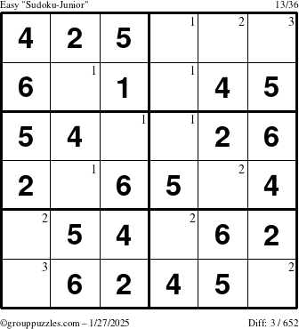 The grouppuzzles.com Easy Sudoku-Junior puzzle for Monday January 27, 2025 with the first 3 steps marked