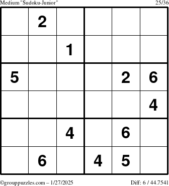 The grouppuzzles.com Medium Sudoku-Junior puzzle for Monday January 27, 2025