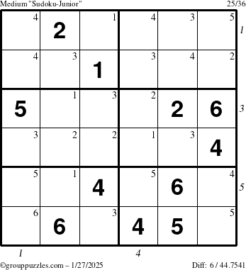 The grouppuzzles.com Medium Sudoku-Junior puzzle for Monday January 27, 2025 with all 6 steps marked