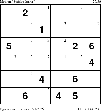 The grouppuzzles.com Medium Sudoku-Junior puzzle for Monday January 27, 2025 with the first 3 steps marked