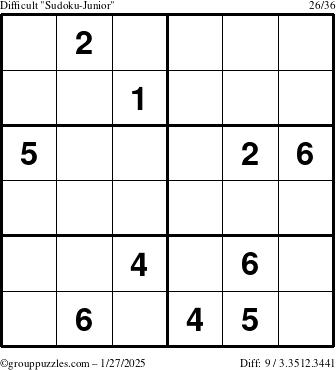 The grouppuzzles.com Difficult Sudoku-Junior puzzle for Monday January 27, 2025