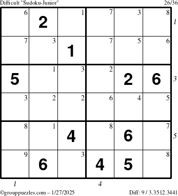 The grouppuzzles.com Difficult Sudoku-Junior puzzle for Monday January 27, 2025 with all 9 steps marked