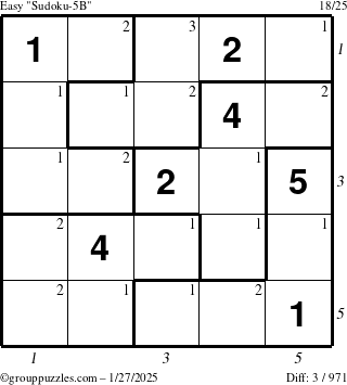 The grouppuzzles.com Easy Sudoku-5B puzzle for Monday January 27, 2025 with all 3 steps marked