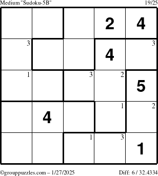 The grouppuzzles.com Medium Sudoku-5B puzzle for Monday January 27, 2025 with the first 3 steps marked