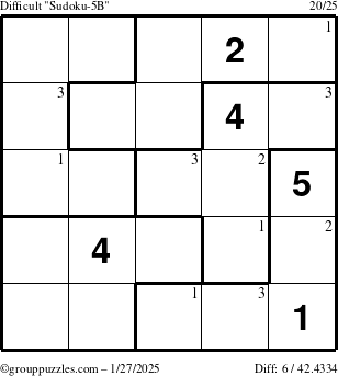 The grouppuzzles.com Difficult Sudoku-5B puzzle for Monday January 27, 2025 with the first 3 steps marked