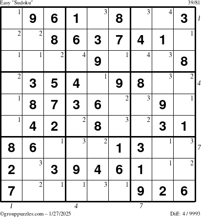 The grouppuzzles.com Easy Sudoku puzzle for Monday January 27, 2025 with all 4 steps marked