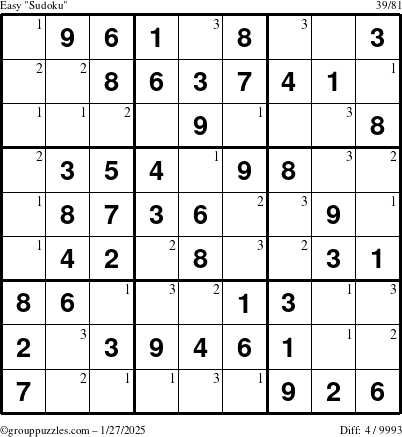 The grouppuzzles.com Easy Sudoku puzzle for Monday January 27, 2025 with the first 3 steps marked