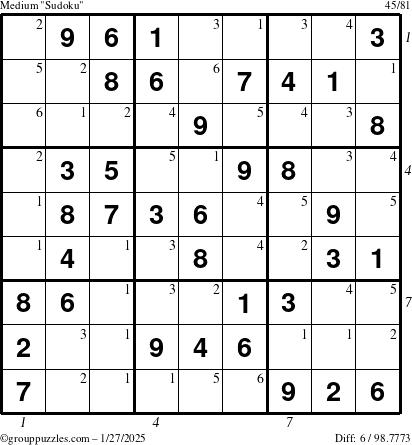 The grouppuzzles.com Medium Sudoku puzzle for Monday January 27, 2025, suitable for printing, with all 6 steps marked