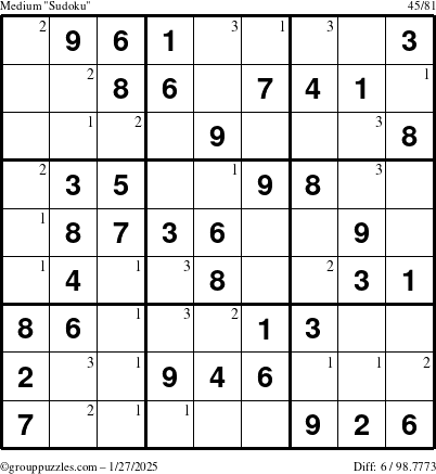 The grouppuzzles.com Medium Sudoku puzzle for Monday January 27, 2025 with the first 3 steps marked